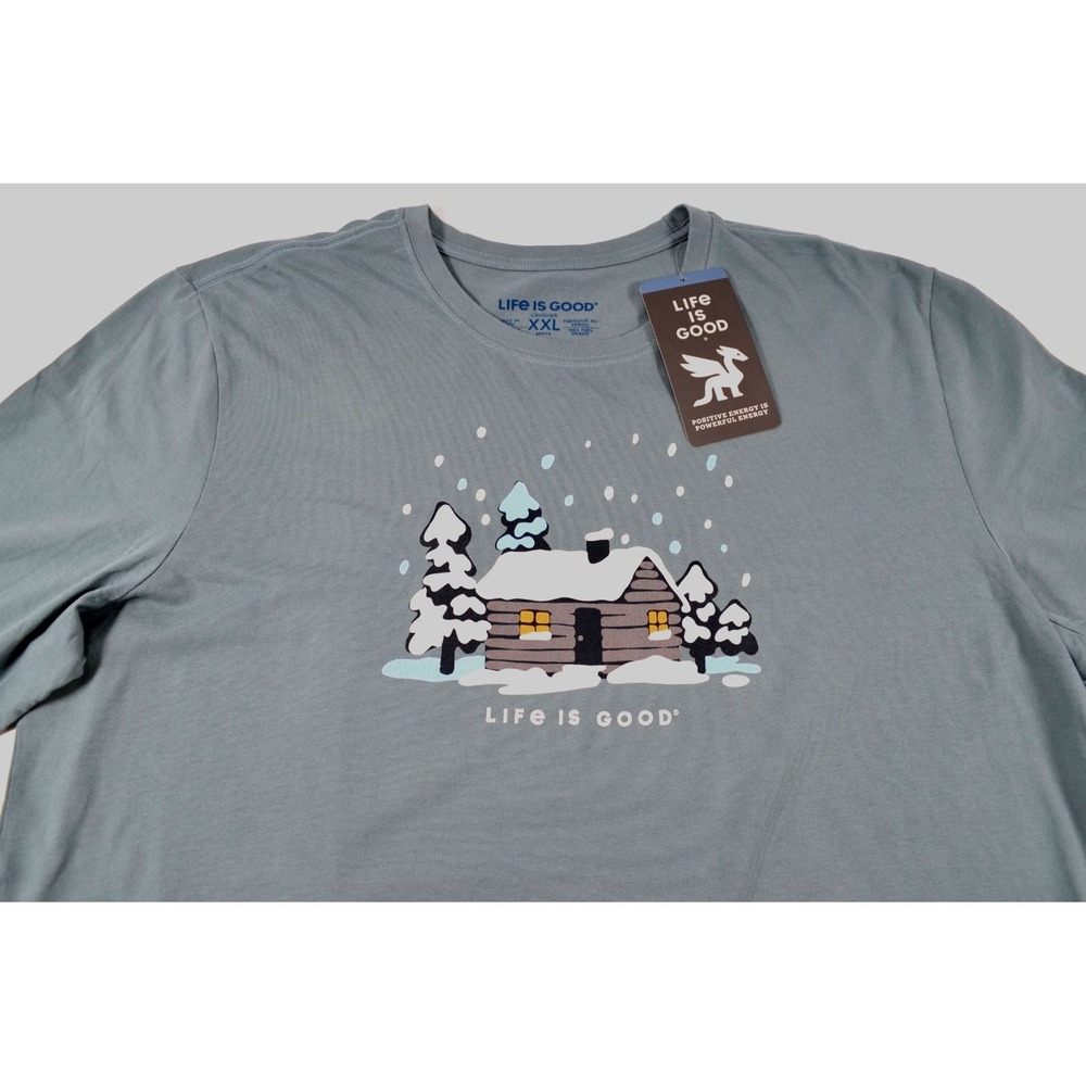 Life is Good Crusher Green Tee Shirt T-Shirt Men's XXL Snowy Cabin in Woods Nwts